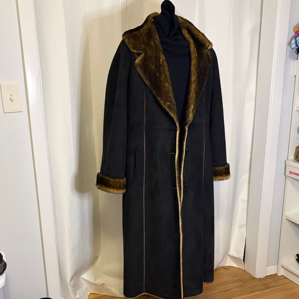 Full length black faux suede and fur coat warm button front medium